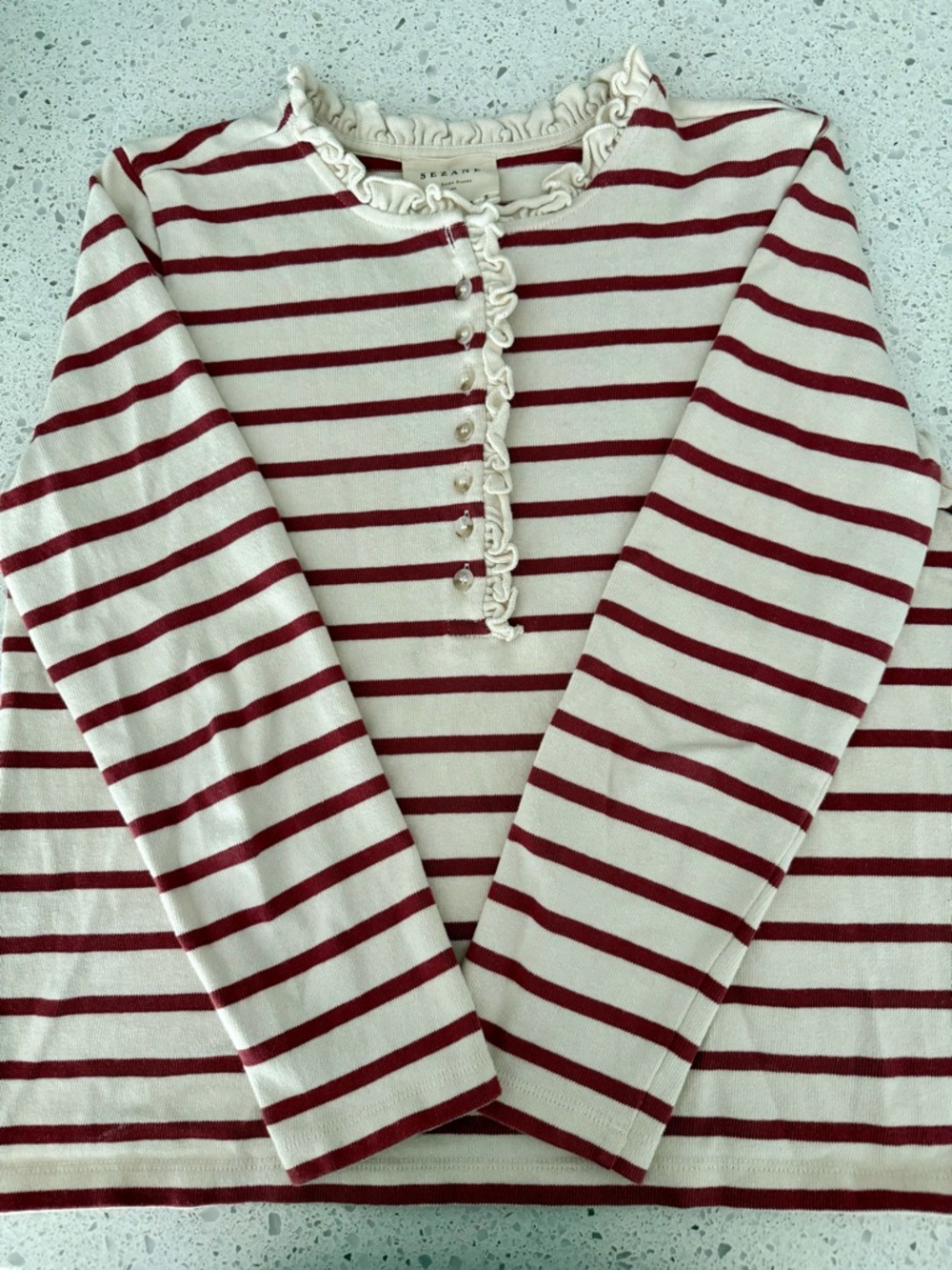 Sezane Red and White Striped Ruffle Henley Long Sleeve